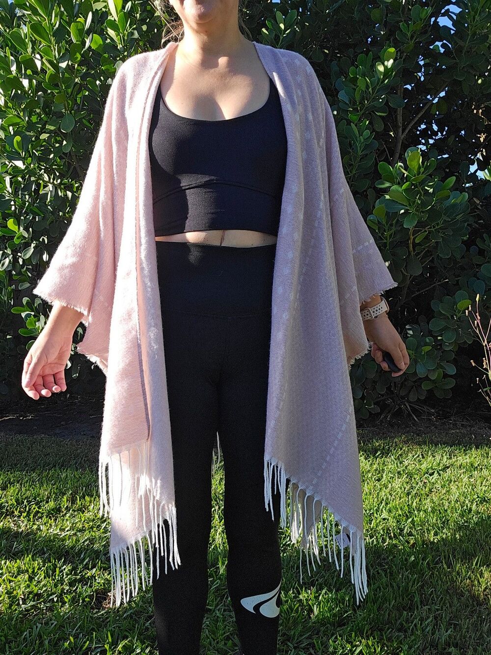 Soft Pink Fringe Shawl Wrap One Size Cozy Boho Layering Poncho